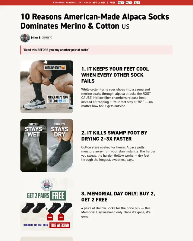 Hollow Socks advertorial example (listicle) for Alpaca socks