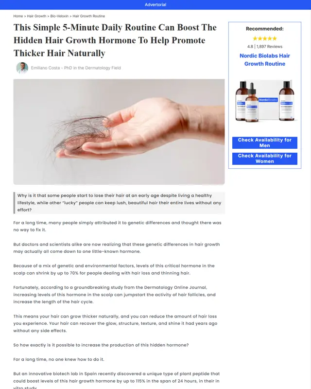 Nordic Bio Labs advertorial example (expert advertorial) for Hair growth serum routine