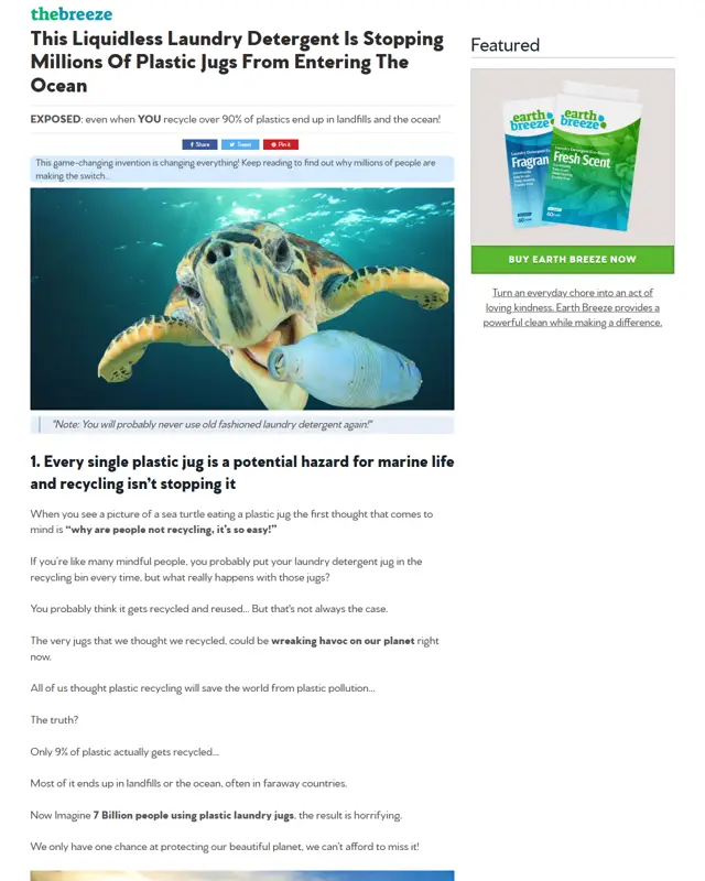 Earth Breeze advertorial example (listicle) for Laundry detergent sheets
