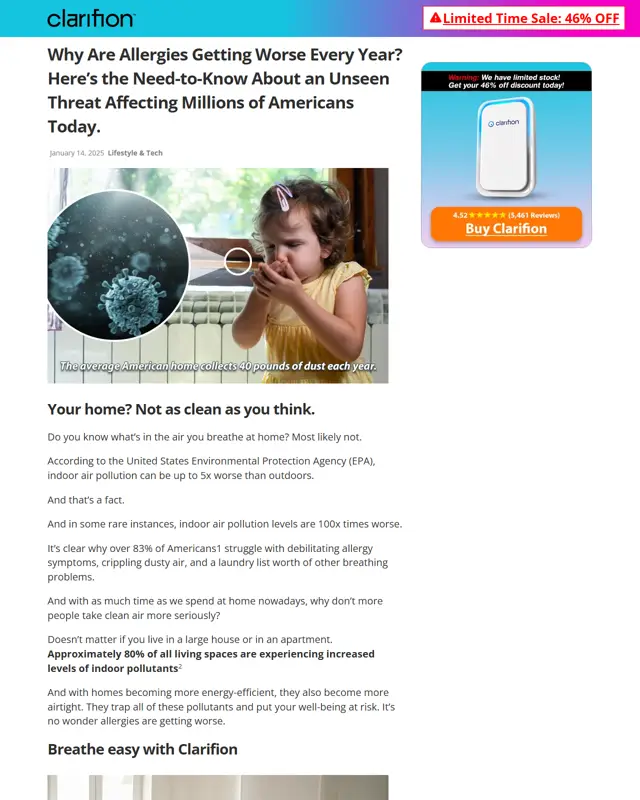 Clarifion advertorial example (news-style advertorial) for Plug-in air ionizer
