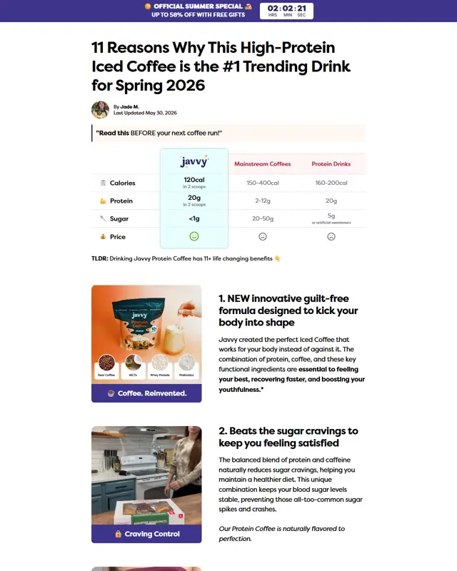 Javvy advertorial example (listicle) for Protein iced coffee